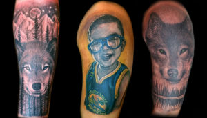 kid portrait tattoo, and realistic wolf and nature landscape tattoo