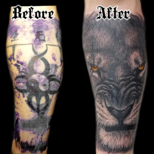 lion cover up tattoo