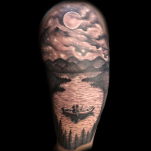 father son fishing tattoo landscape lake