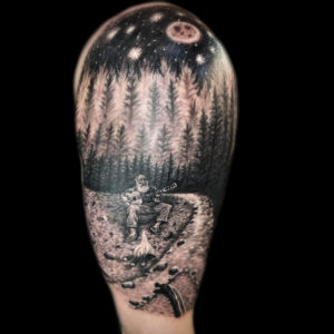 mountains trees landscate old man tattoo