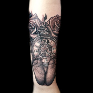 baby foot prints roses clock tattoo