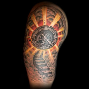 clock heaven stairs clouds tattoo