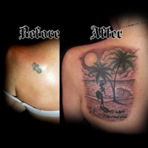 mother and daughter beach palm trees landscape tattoo