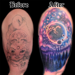 color galaxy trees landscape cover up tattoo